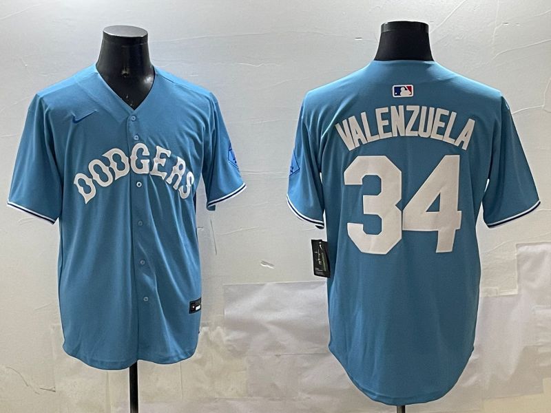 Men Los Angeles Dodgers #34 Valenzuela Light Blue Joint Name 2025 Nike MLB Jersey style 316